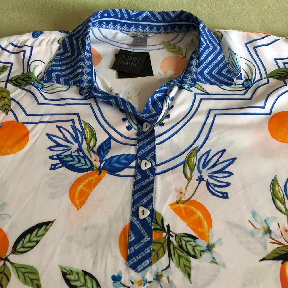 John Mark blouse tunic citrus oranges fruit flowy relaxed white base blue collar - Picture 3 of 12